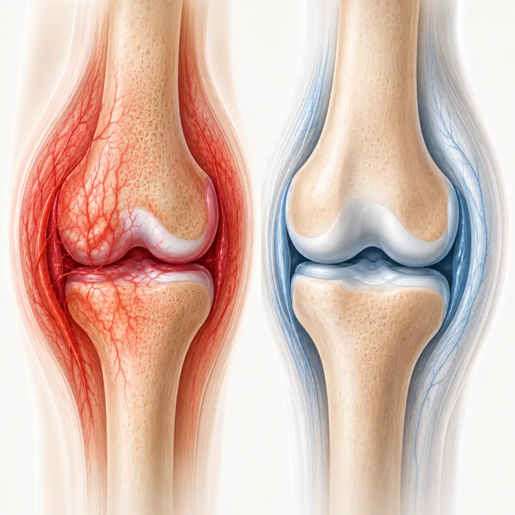 diagram of abnormal blood vessel growth in arthritic knee joint showing how genicular artery embolization targets inflammation