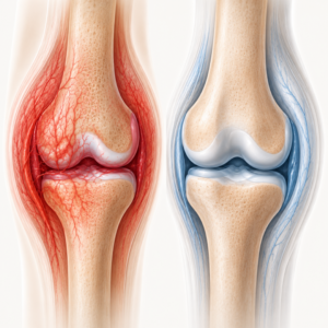 diagram of abnormal blood vessel growth in arthritic knee joint showing how genicular artery embolization targets inflammation