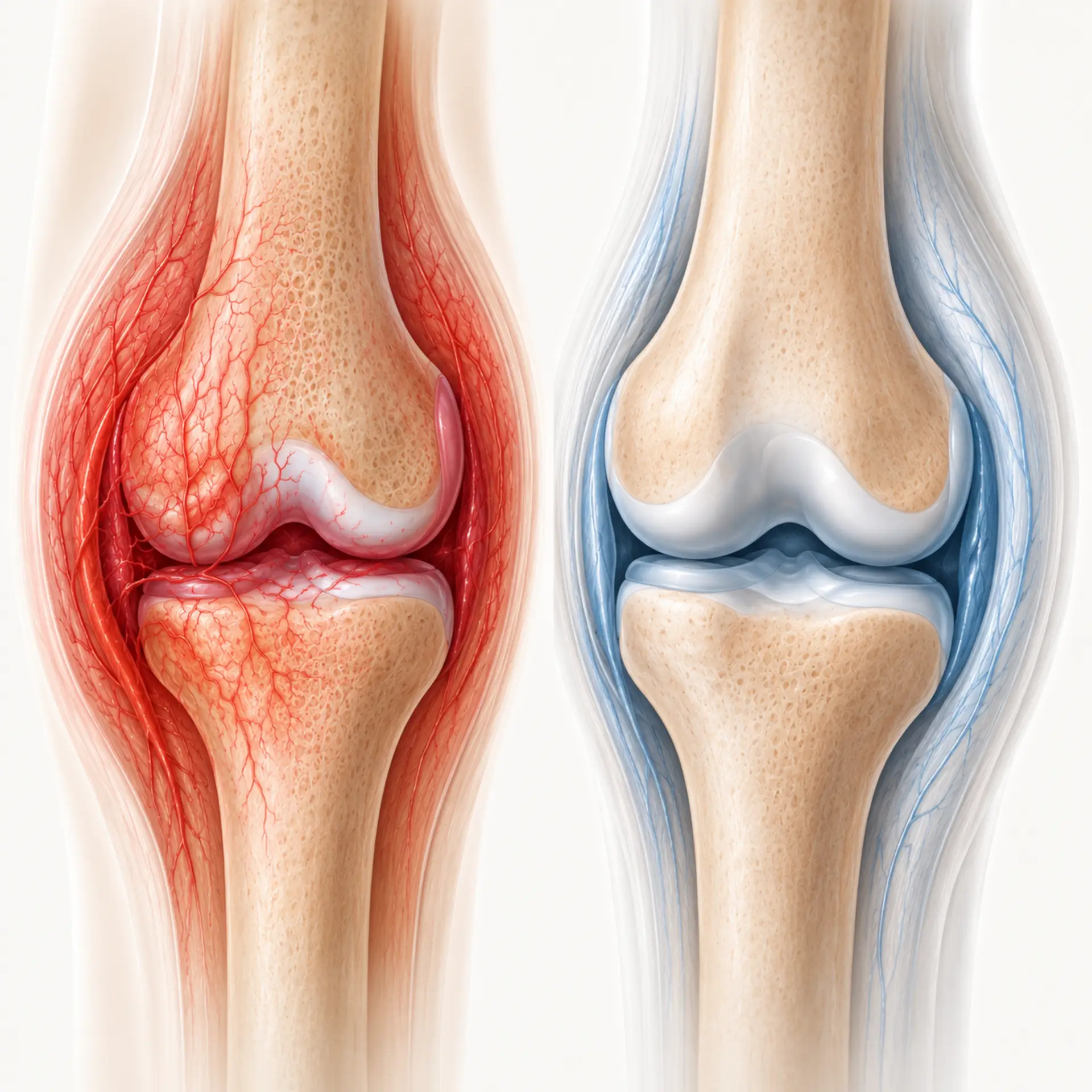 diagram of abnormal blood vessel growth in arthritic knee joint showing how genicular artery embolization targets inflammation