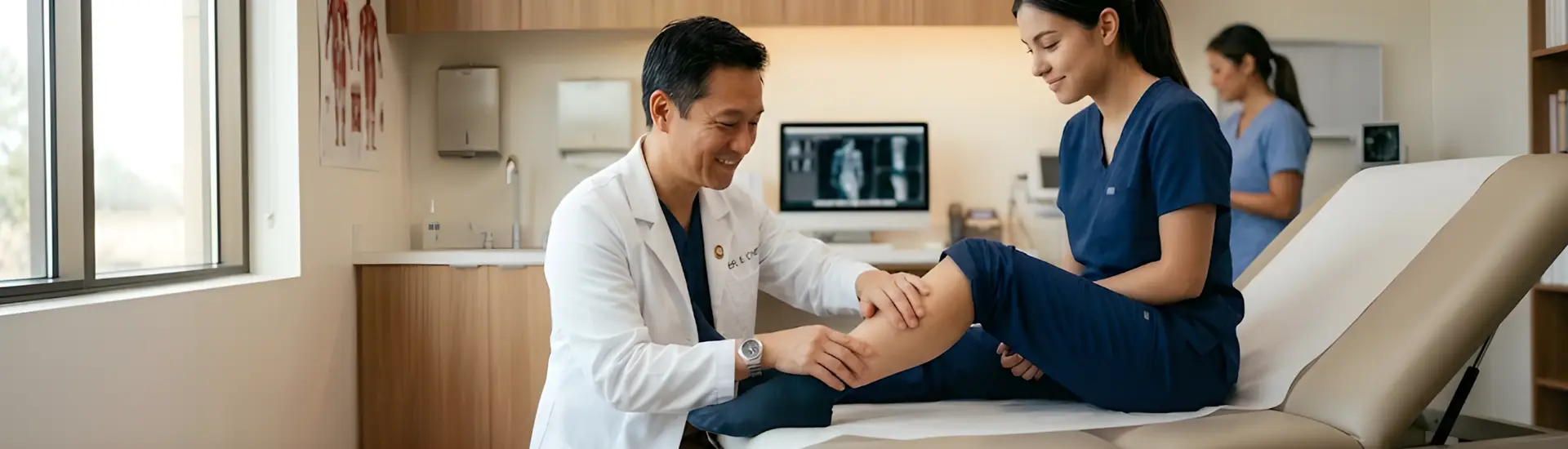 vascular specialist examining patient leg for PAD symptoms in Bakersfield