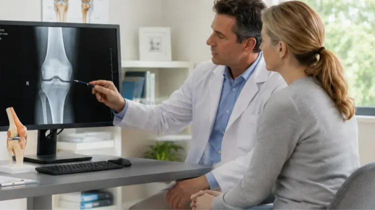 doctor reviewing knee X-ray with patient to discuss bone on bone osteoarthritis treatment options in Bakersfield
