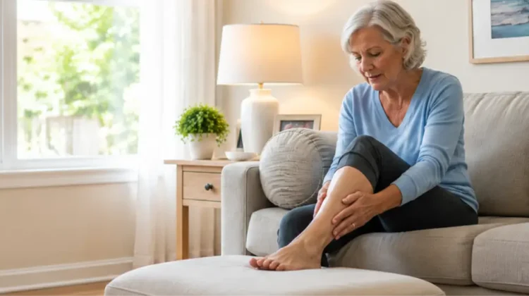 diabetic patient checking legs for circulation problems and PAD symptoms in Bakersfield